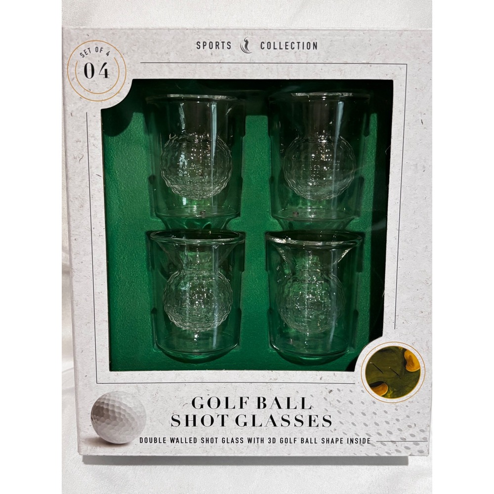 New Golf Ball Whiskey Shot Glasses Set of 4 Double Walled 3D Glass Clear Gift